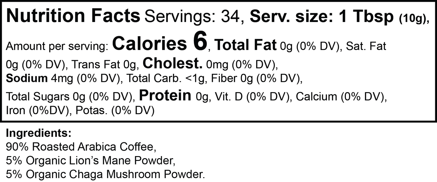 Nutrition facts label for a product with coffee, lion's mane powder, and chaga mushroom powder.