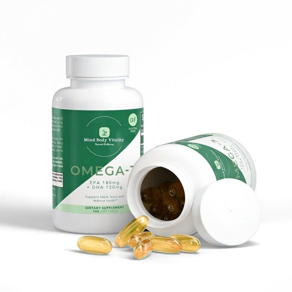 Omega-3 supplement bottle with open lid showing capsules on a white background