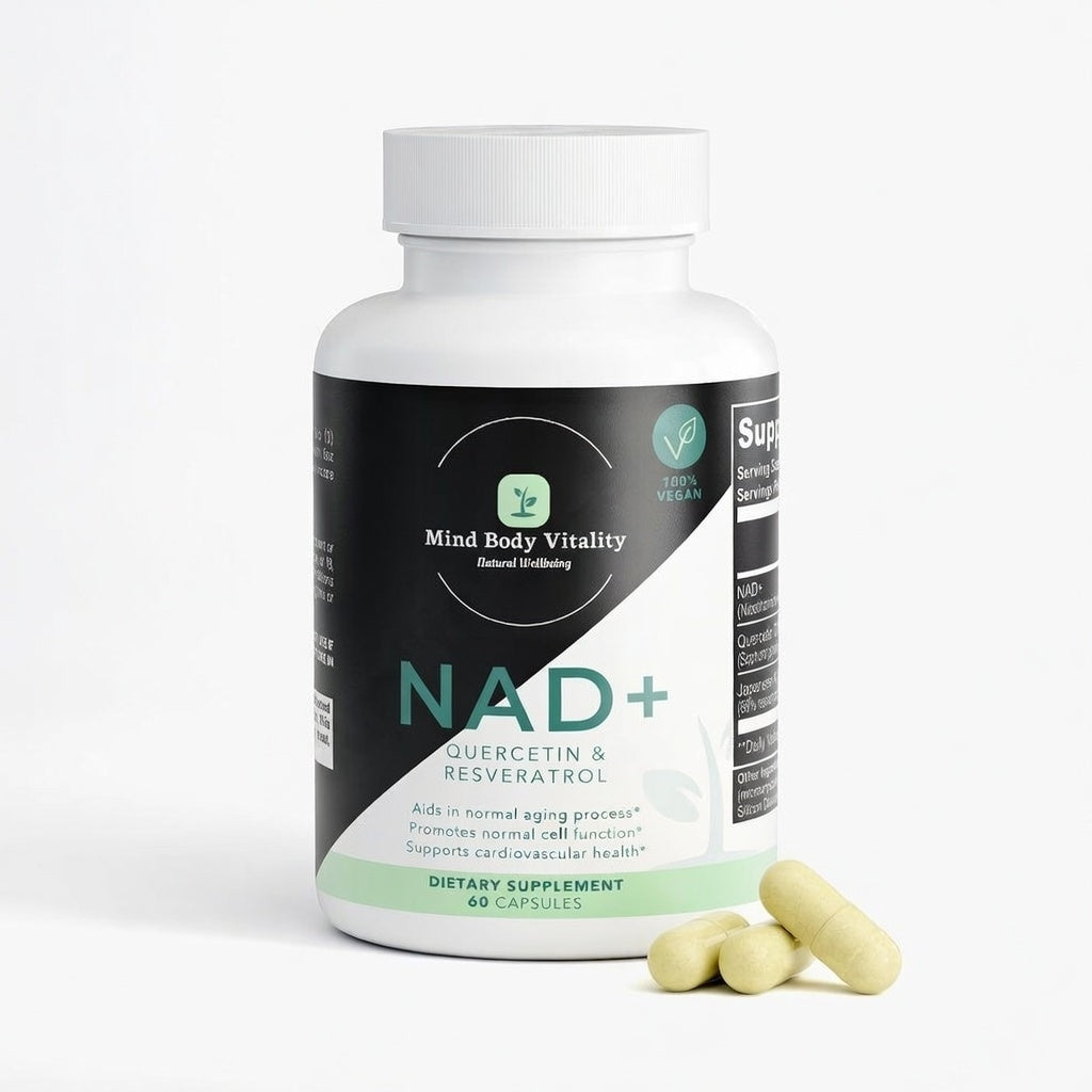 Supplement bottle labeled 'NAD+' with capsules on a white background