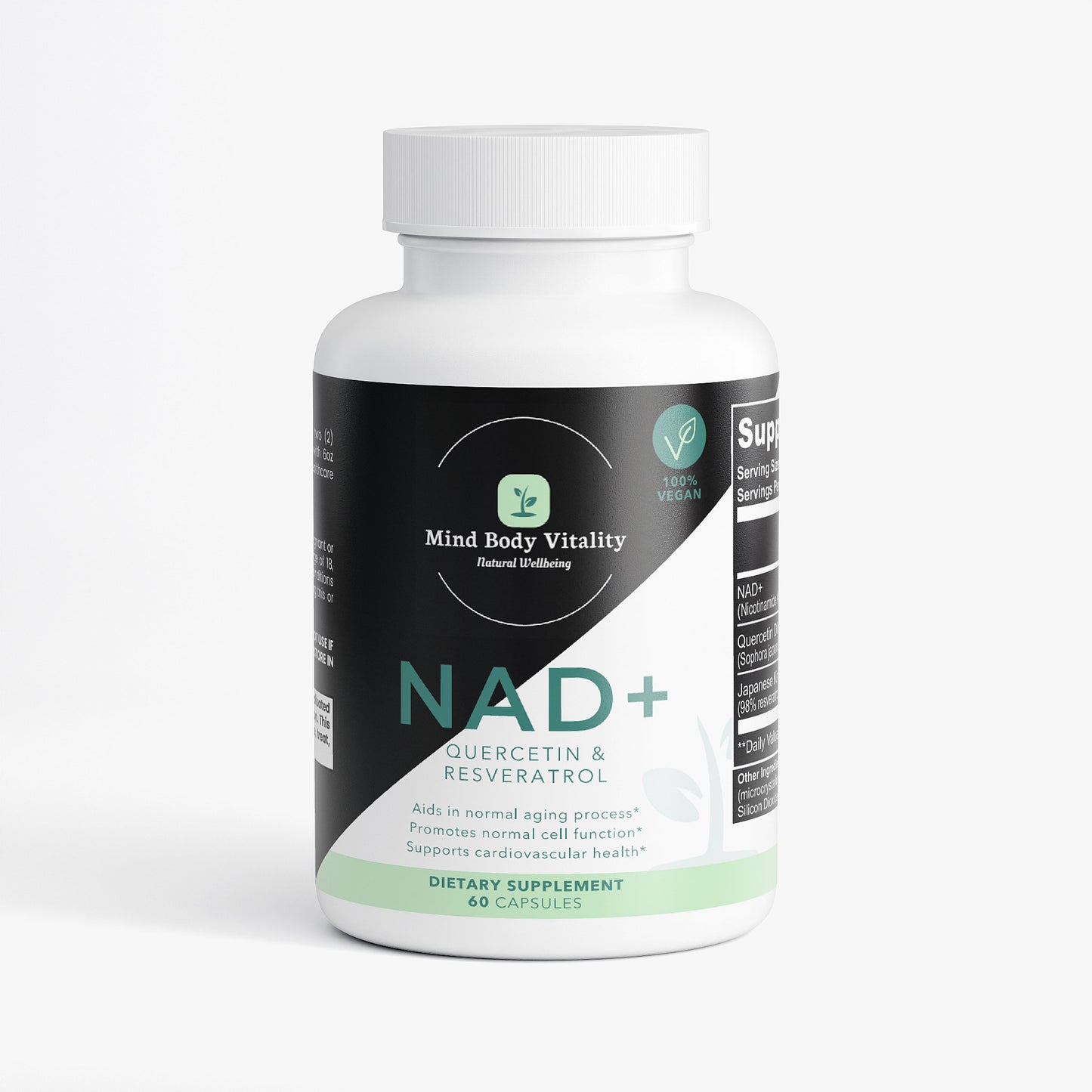 Supplement bottle labeled 'NAD+' with branding on a white background