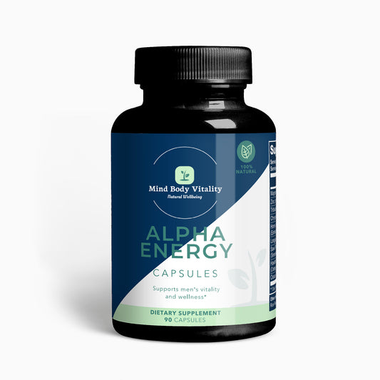 Bottle of Alpha Energy capsules by Mind Body Vitality on a white background