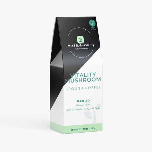 Mushroom ground coffee package with 'Mind Body Vitality' branding on a white background