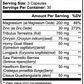 Supplement facts label with various ingredients and their amounts per serving.