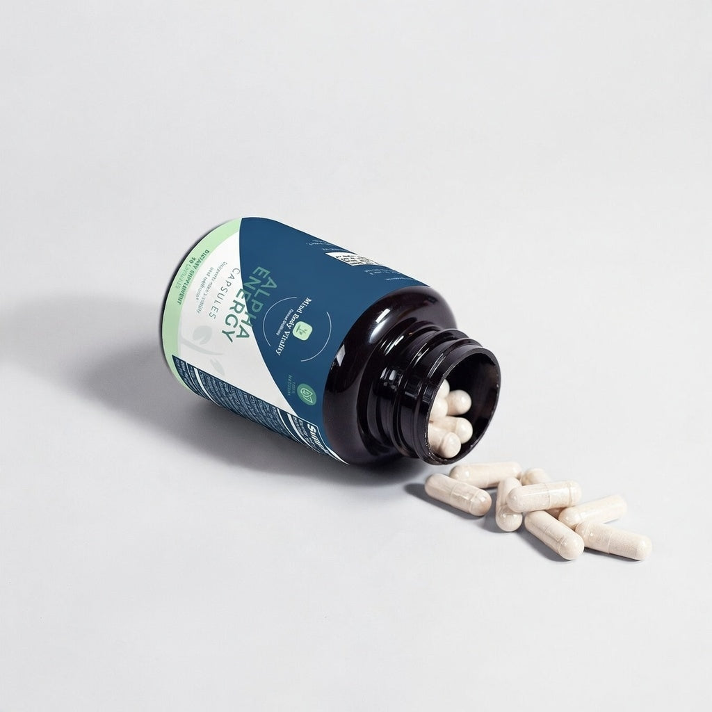 Alpha Energy vitamins bottle with pills spilling out on a light gray background