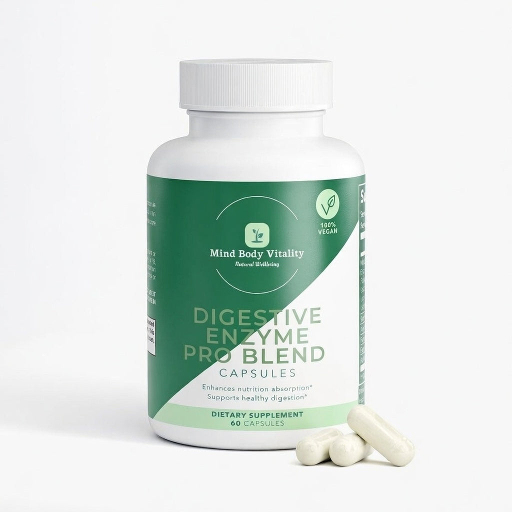 Bottle of Mind Body Vitality Digestive Enzyme Pro Blend capsules on a white background