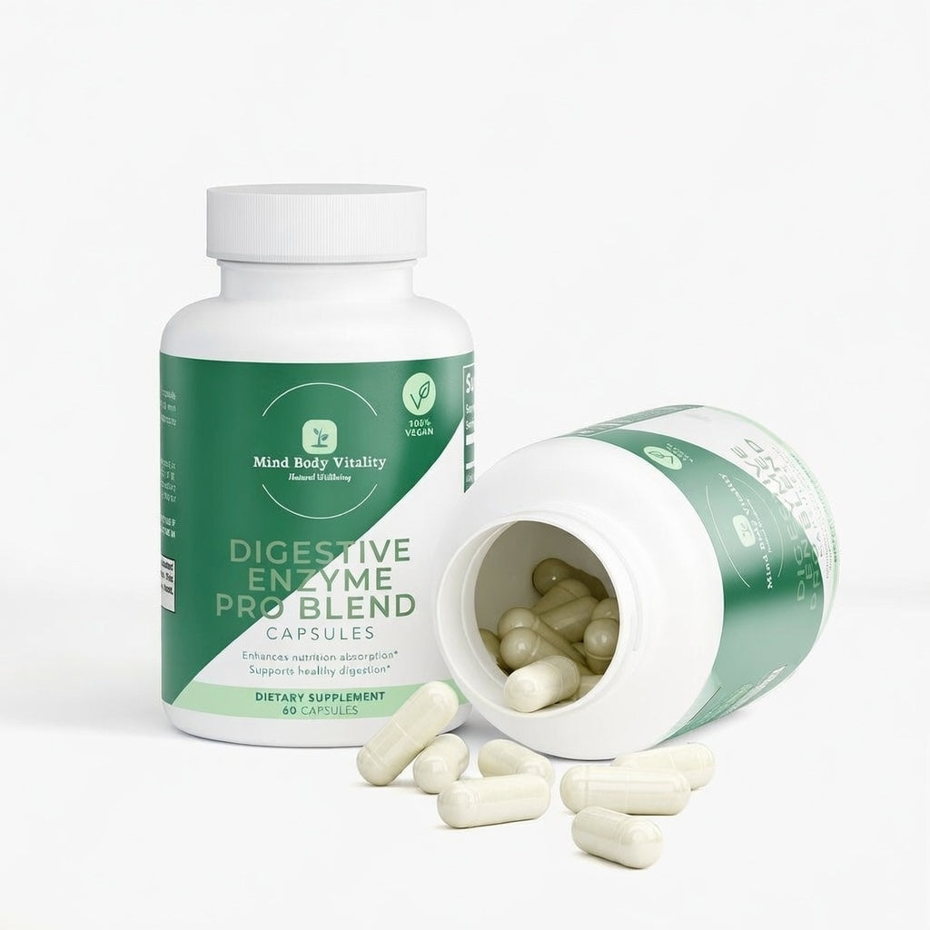 Supplement bottle labeled 'Digestive Enzyme Pro Blend' with capsules spilling out on a white background