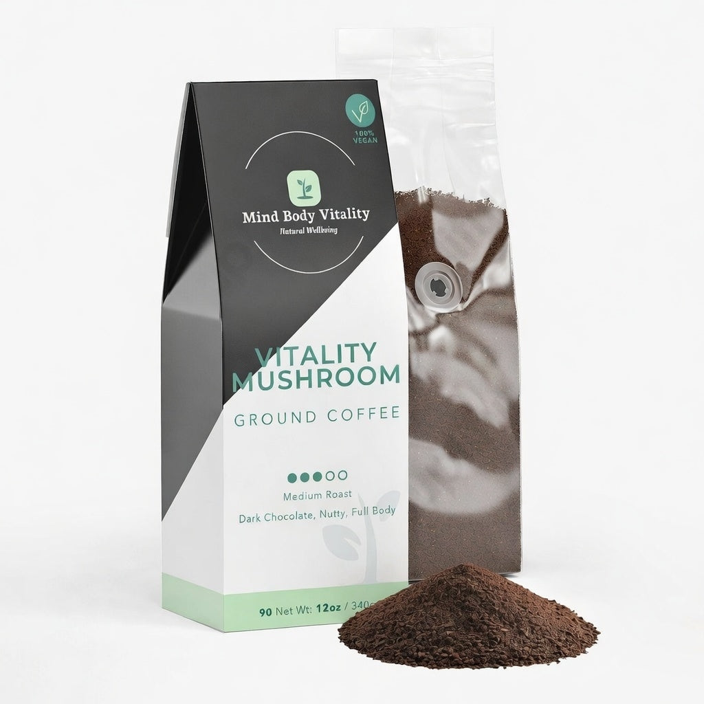 Mind Body Vitality mushroom ground coffee package with coffee grounds in front