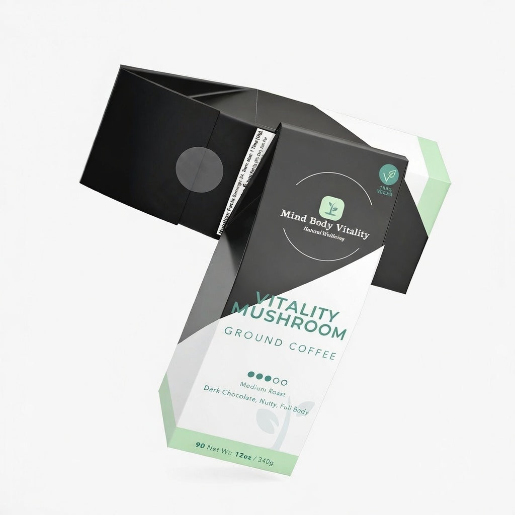 Vitality Mushroom Ground Coffee packaging with visible branding on a white background