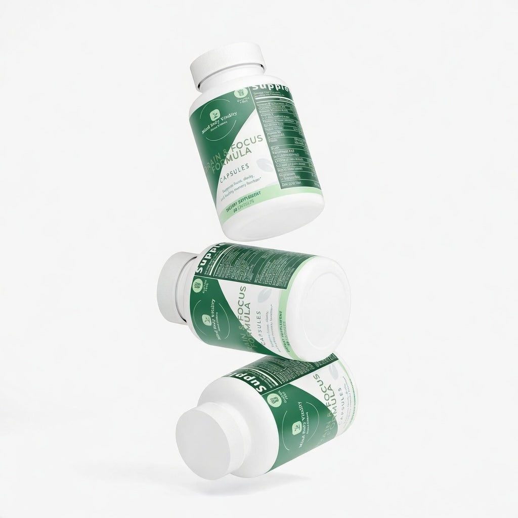 Bottles of Mind Body Vitality Brain & Focus Formula capsules on a white background