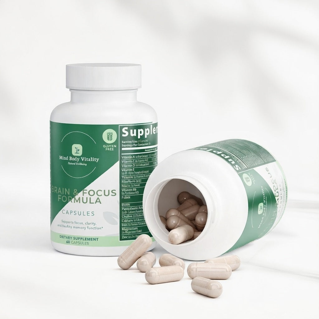Supplement bottle labeled 'Brain & Focus Formula' with open lid showing capsules on a white background
