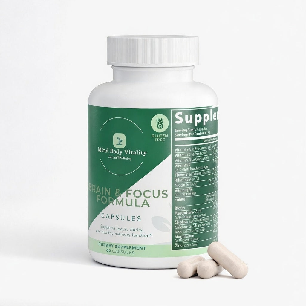 Bottle of Mind Body Vitality Brain & Focus Formula capsules on a white background