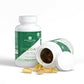 Omega-3 supplement bottle with open lid showing capsules on a white background