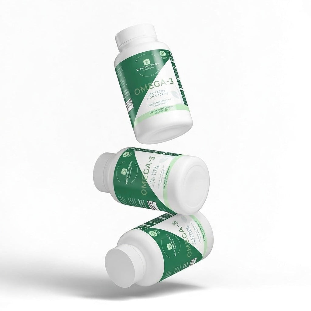 Three bottles of Omega-3 supplement on a white background
