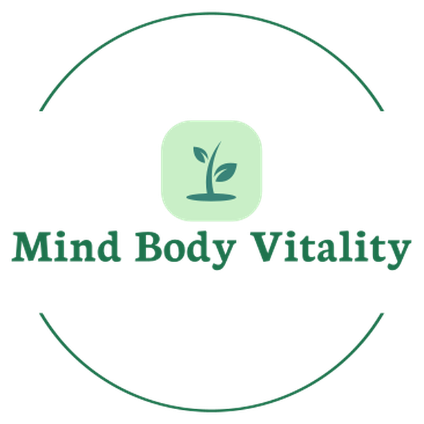 Logo for Mind Body Vitality with a green leaf symbol on a white background