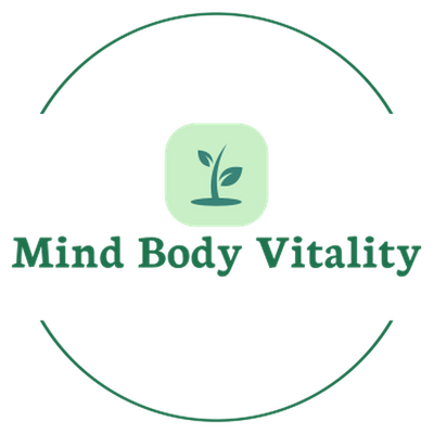 Logo for Mind Body Vitality with a green leaf symbol on a white background