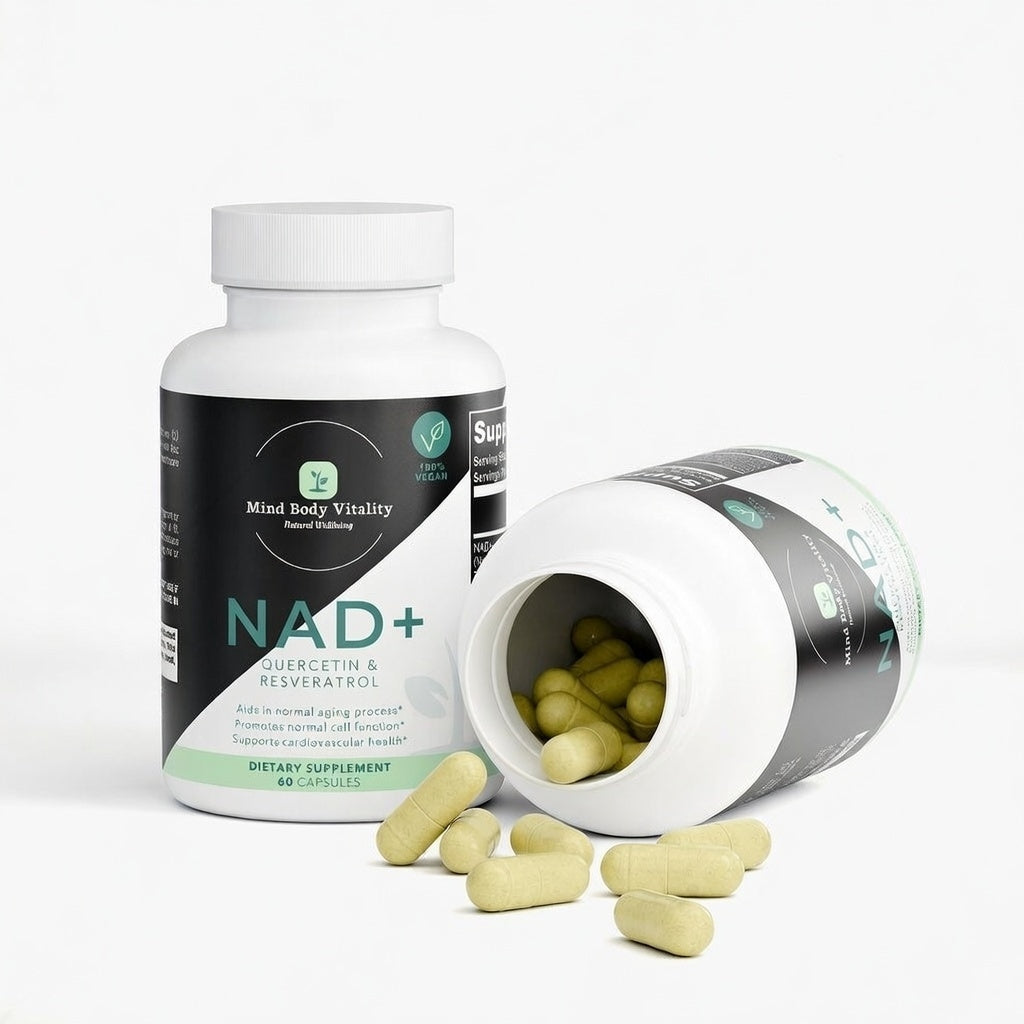 NAD+ supplement bottle with open lid showing capsules on a white background